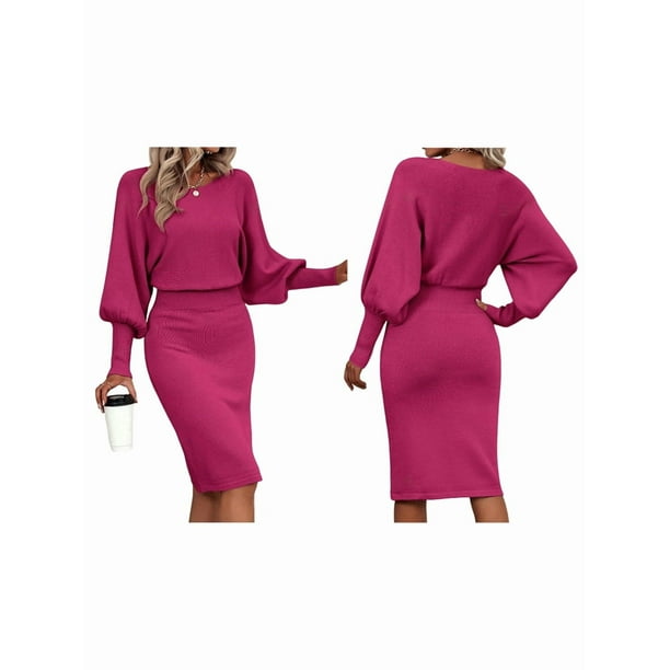 Suéter de Larga con Cuello Alto y Farol para Mujer, Estilo Formal, Ajustado, Ajustado, Estilo Lápiz, Midi, para Vestir Rosa Roja XL