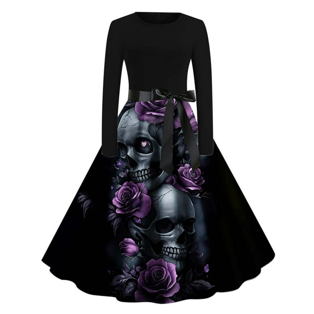 Robe Imprimée d'Halloween pour Femme, Col Rond à Manches Longues, Coupe Fluide Maxi, Confort Décontracté avec Poches, Idéale pour les Fêtes, le Quotidien et les Activités de Loisirs