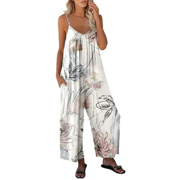 Aoochasliy Womens Pants Clothes Casual Jumpsuits Summer Sleeveless Printed Loose Jumpsuit Wide Leg Pant Romper with Pocket