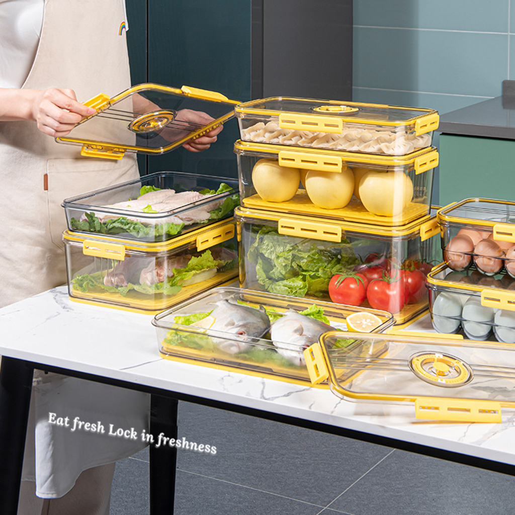 Plastic Food Storage Box Container with Lid and Drain Tray Timing Function Fridge Produce Saver Refrigerator Organizer Keeper Leakproof Lunch Box