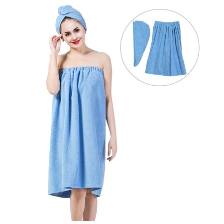 Women's Bath Wrap Set, Adjustable Bathing Bathrobe and Hair Drying Cap Spa Strapless Shower Towel Kits, 35.4 inch/90cm Length (Blue)
