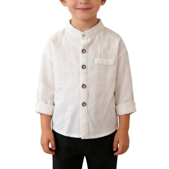 Toddler Boys Button Down Linen Shirt Baby Boys Long Sleeve Mandarin Collar Shirt Loose Fit Casual School Summer Tops
