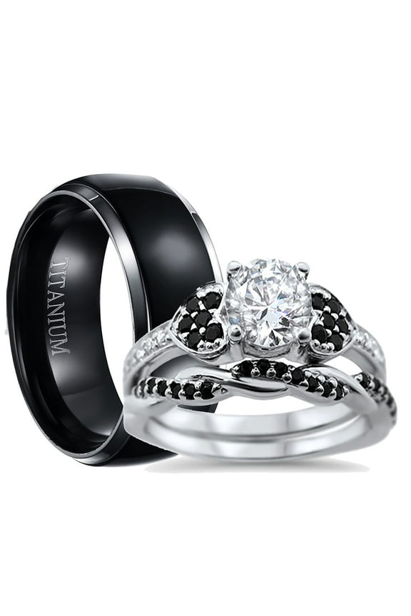His and Hers 3 Piece Trio Sterling Silver Black Titanium Wedding Band Engagement Ring Set