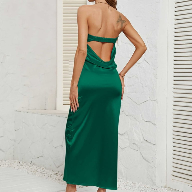 green emerald velvet dress Solid Halterneck Satin Backless Dress – AROLORA main image 1