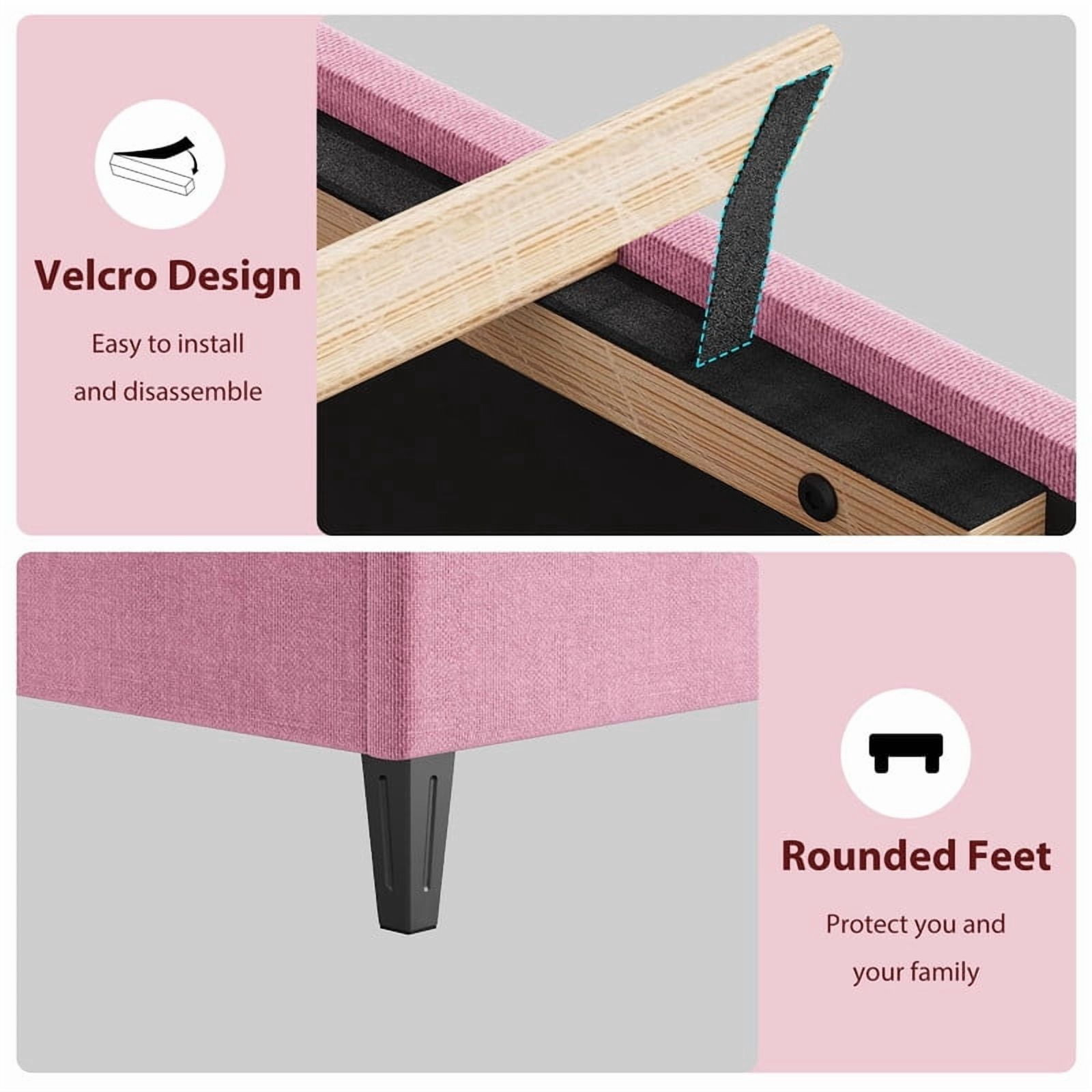 Kicctian Pink King Bed Frame with Upholstered Headboard, Heavy-Duty Platform Bed with Strong Wood Slats, No Box Spring Needed, Noise Free, Easy Assembly