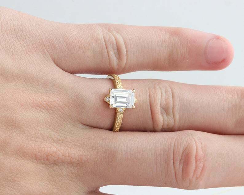 HeartsAndYou 2ct Emerald Cut Moissanite Engagement Ring for Women Milgrain Filigree 18k Yellow Gold over Silver