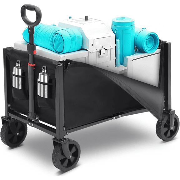 Foldable Wagon Cart 160L- 3 in 1 Collapsible Wagon Cart with Wheels, 2 Cup Holders, for Groceries, Camping, Shopping, Garden, Pet Riding
