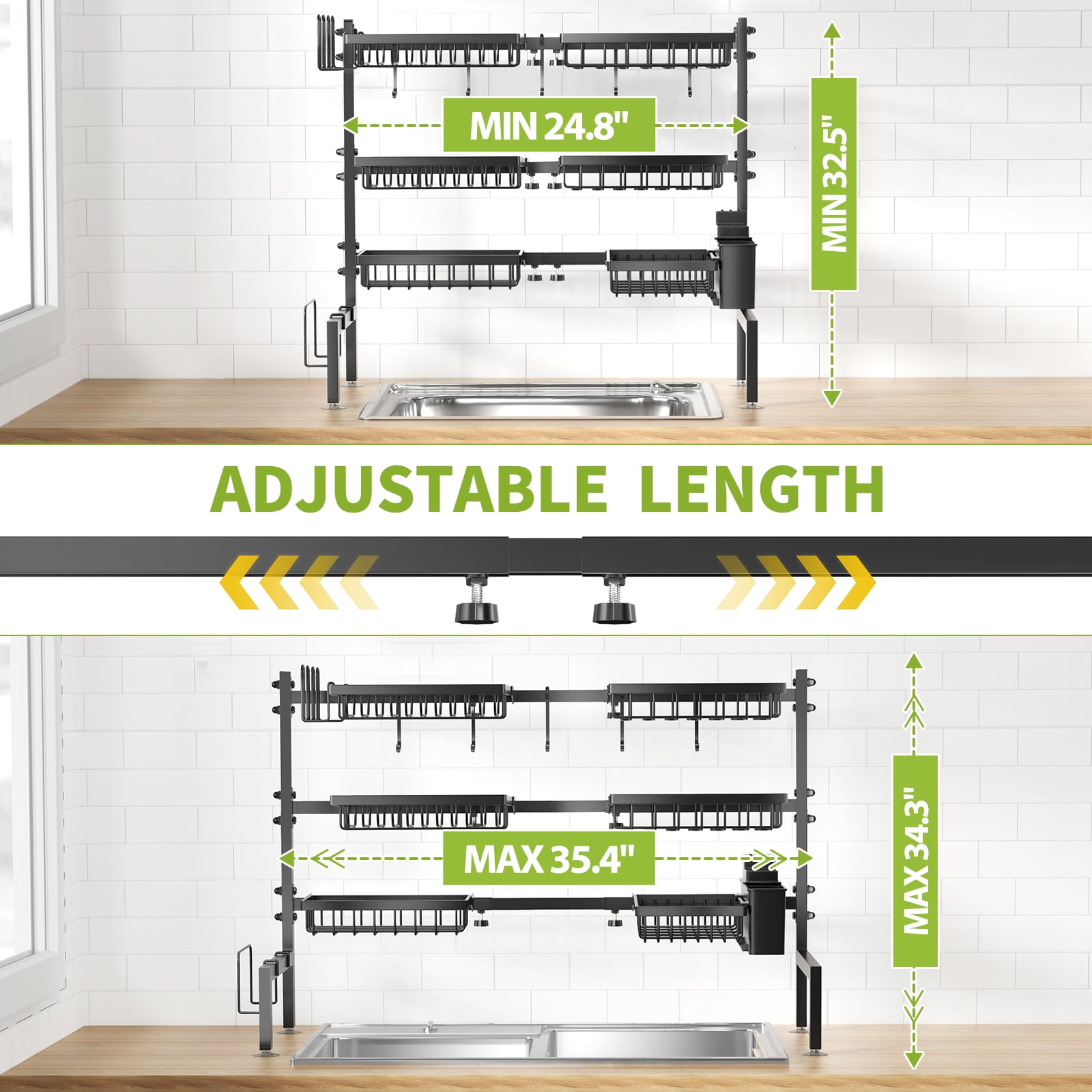 Over The Sink Dish Drying Rack, 24.8"-35.4" Expandable Length & Height,3-Tiers Large Dish Drying Rack Stainless Steel Dish Racks for Kitchen Counter
