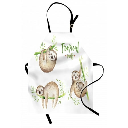 

Sloth Apron Cute Babies in Tropical Nature Theme Exotic Palm Tree Leaves Nursery Aloha Unisex Kitchen Bib Apron with Adjustable Neck for Cooking Baking Gardening Pale Brown Green by Ambesonne