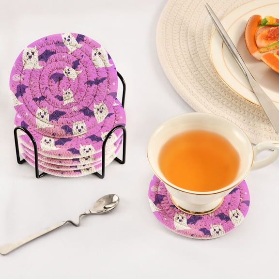 BZSMCE 6Pcs Drink Coasters With Holder 3.94Inch Cute Bat Pattern Creative Coil Coaster Coasters Colors Absorbent Coasters for Drinks Coasters Set Thicken Heat for Home Table