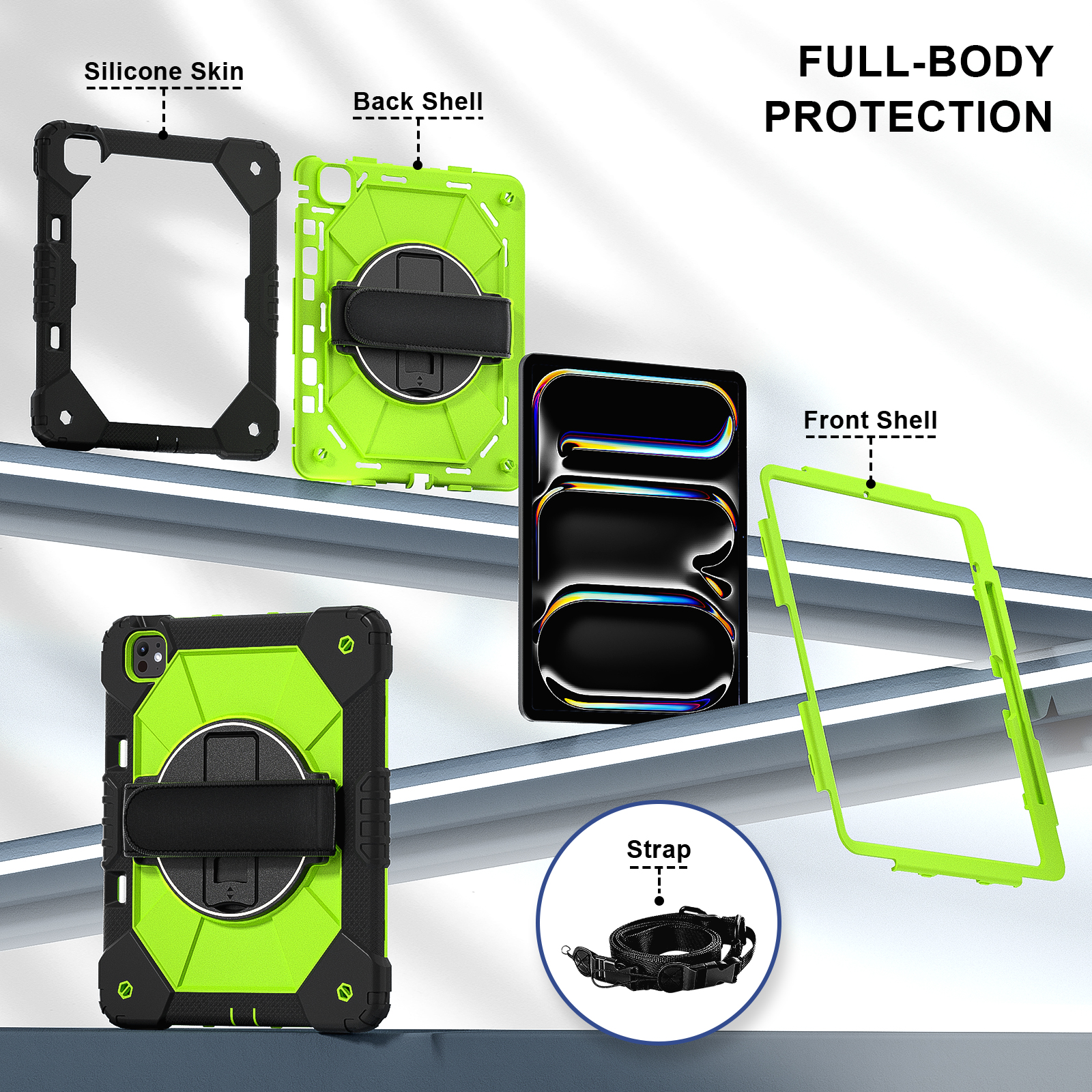 Dteck Case for iPad Pro 13 inch (M4) 2024 with Pencil Holder, Shockproof Silicone + PC 3 Layer Protection Case Heavy Duty 360° Rotating Hand Strap Kickstand Cover,Black+Green
