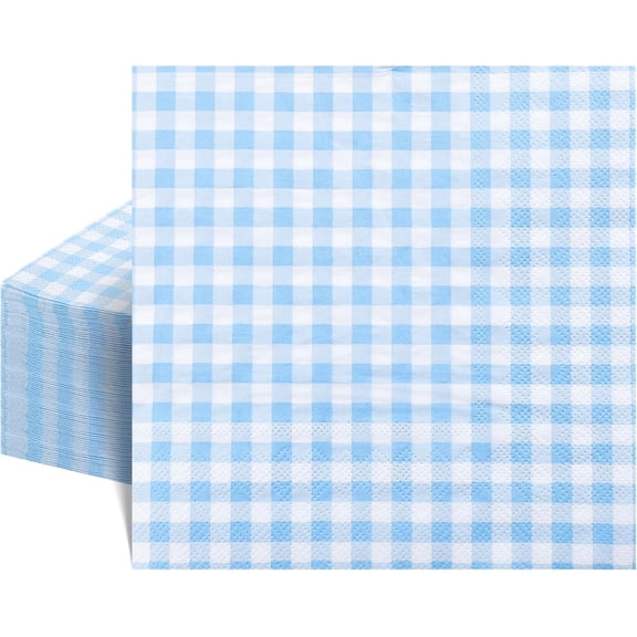 Blue Gingham Napkins, 6.5X6.5 Inch Light Blue and white Napkins Disposable Checkered Luncheon Napkin for Boy Baby Shower, Birthday, Wedding