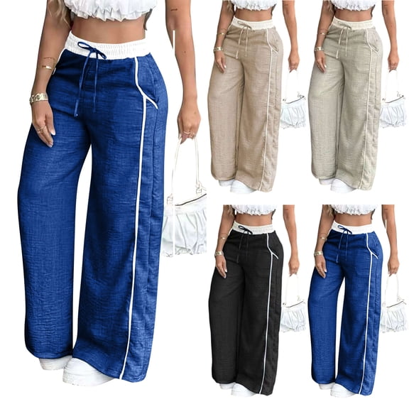 Women's Baggy Wide Leg Pants Casual Drawstring Elastic Waisted Contrast Color Workout Y2K Track Pants Brown S