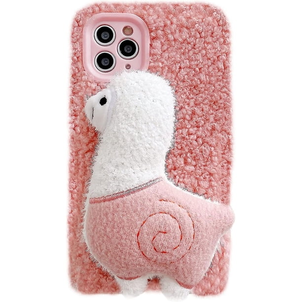 Funda para iPhone 12 Pro con muñeca de juguete de dibujos animados, funda suave y esponjosa en 3D con diseño de animal de piel de felpa, compatible con la funda para iPhone (iphone 12 Pro, rosa a