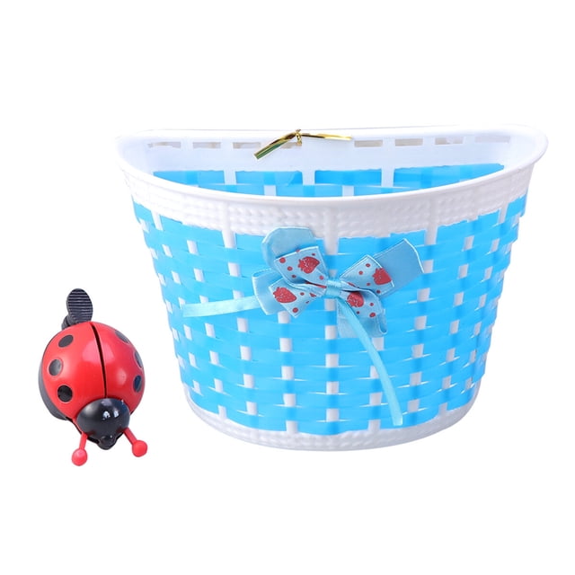 EeaseMX Cesta para patinete, cesta para bicicleta para niños, cesta de plástico tejida con lazo, bolsa delantera hecha a mano (pequeña, cesta azul, timbre de coche con colores aleatorios)