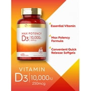 Vitamin D3 10000 IU | 400 Softgels | High Potency | Non-GMO, Gluten Free | by Carlyle