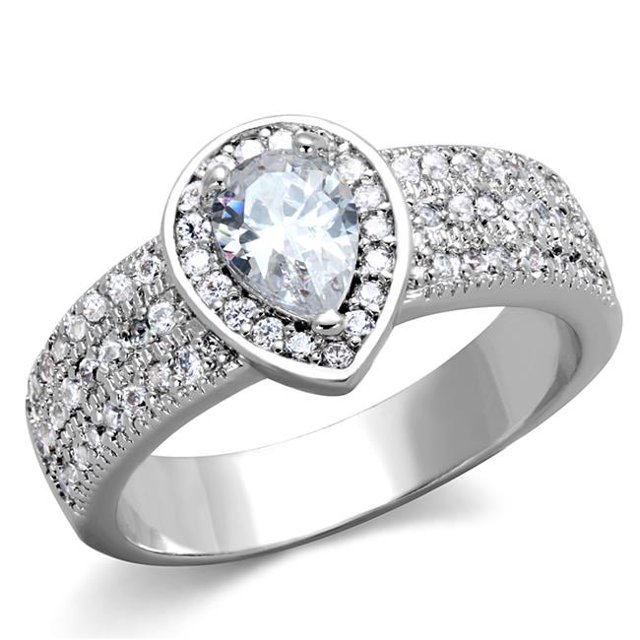 Alamode 3W831-6 Women Rhodium Brass Ring with AAA Grade CZ in Clear - Size 6