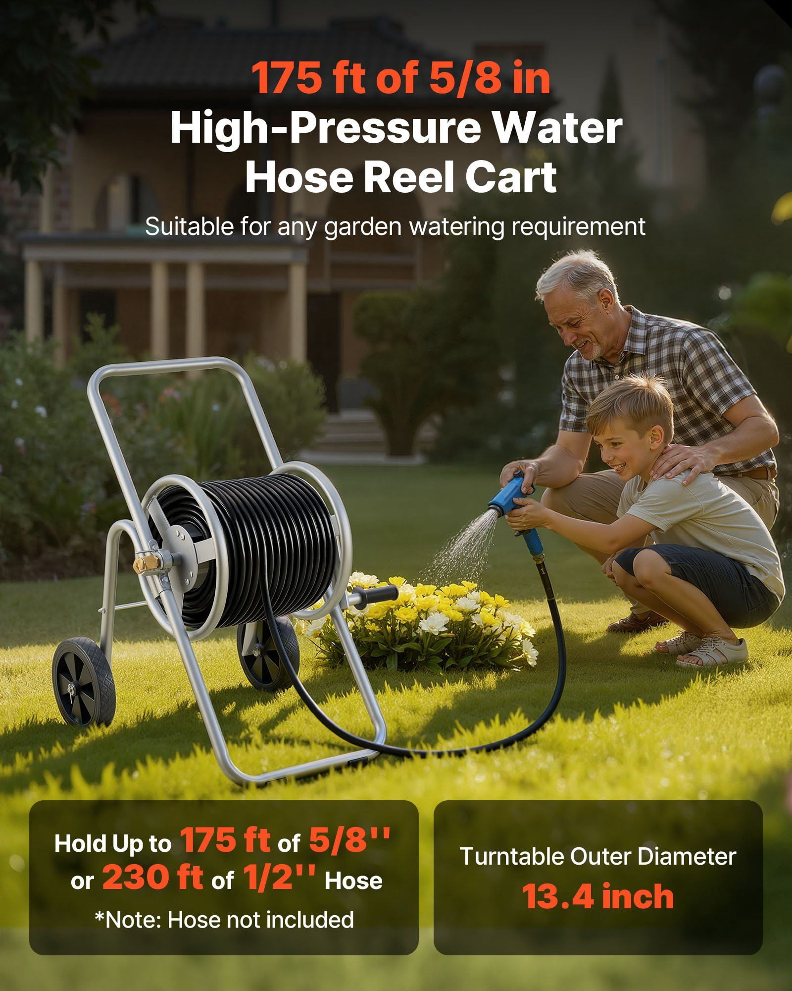 Heavy Duty Powder Coated Steel Hose Reel Cart with Wheels Holds 175 ft of 5/8 Inch Garden Hose Mobile Outdoor Yard Lawn Planting Tool