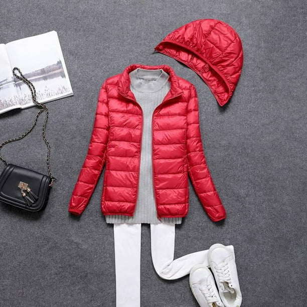 Chaqueta de plumón ligera con capucha y cremallera desmontable para mujer, abrigo corto ultrafino de otoño e invierno
