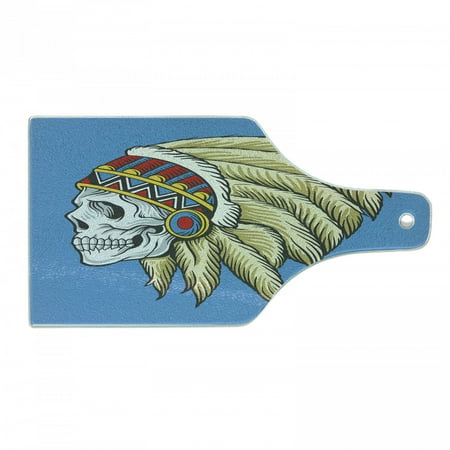 

Tribal Cutting Board Dead Skull with Feathers Tattoo Folk Aztec Pattern Decorative Tempered Glass Cutting and Serving Board Wine Bottle Shape Violet Blue Cream Pearl by Ambesonne