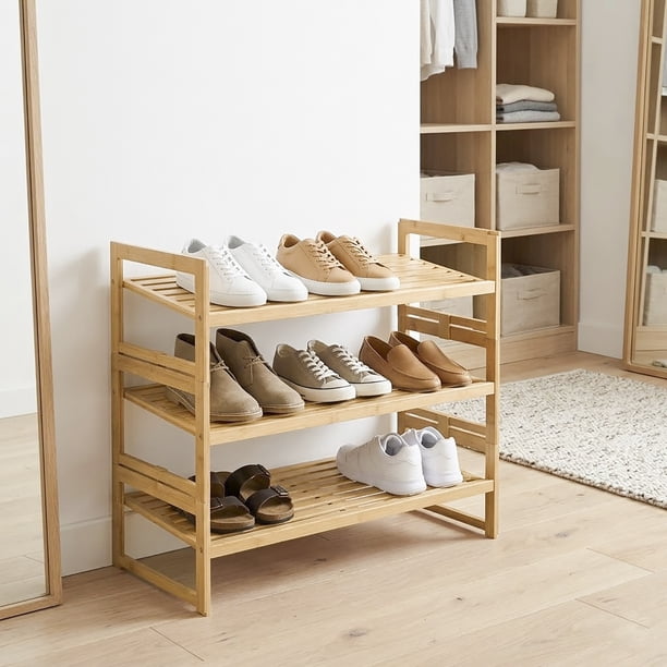 Better Homes & Gardens Bamboo 3-Tier Shoe Rack, Holds 9 Pairs