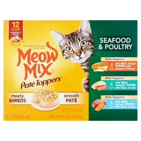 Meow Mix Paté Toppers Seafood & Poultry Wet Cat Food Variety Pack- (12) 2.75-oz Cups