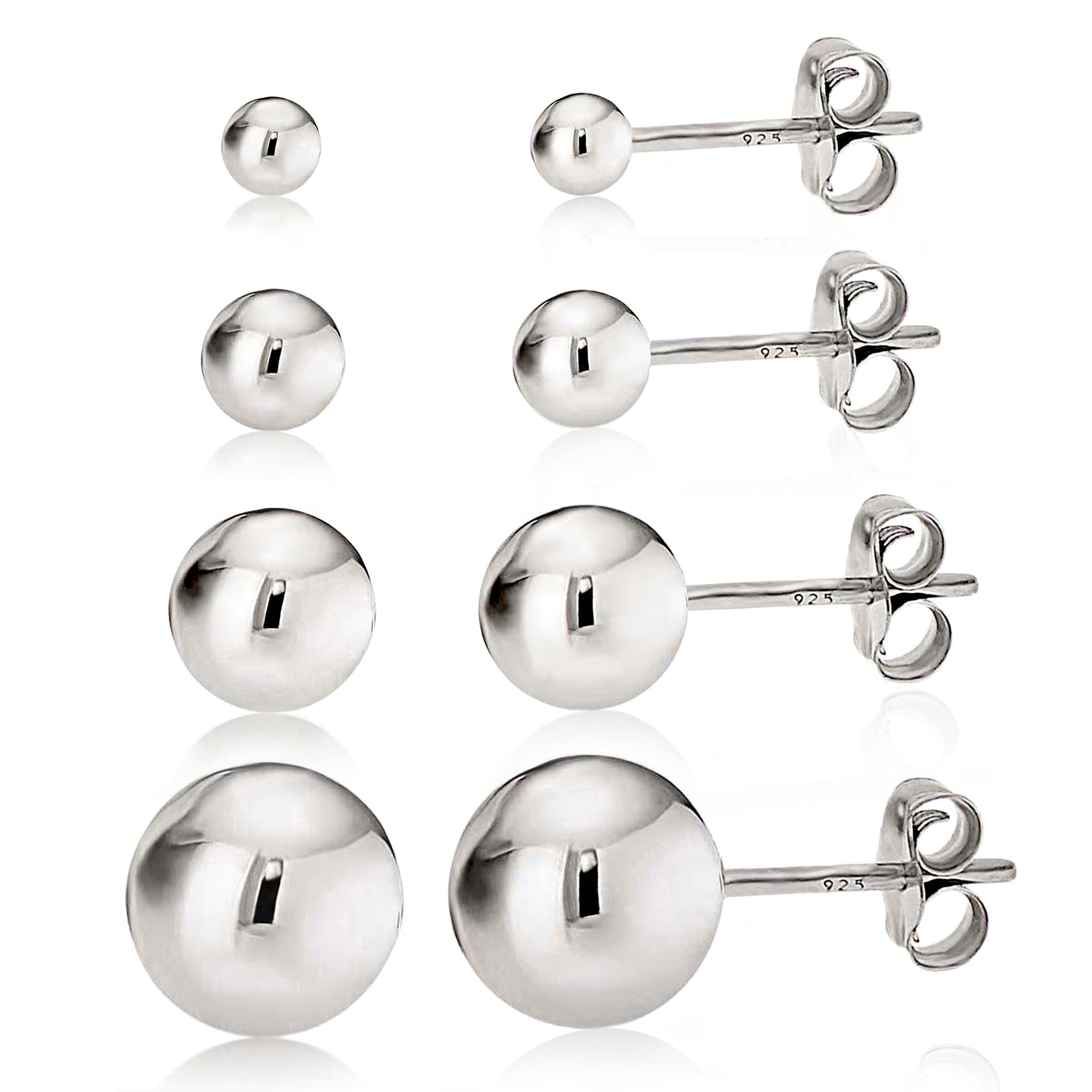 925 Sterling Silver High Polish Smooth Round Ball Stud Earring 4-Size Set - 2mm,  4mm,  6mm,  8mm