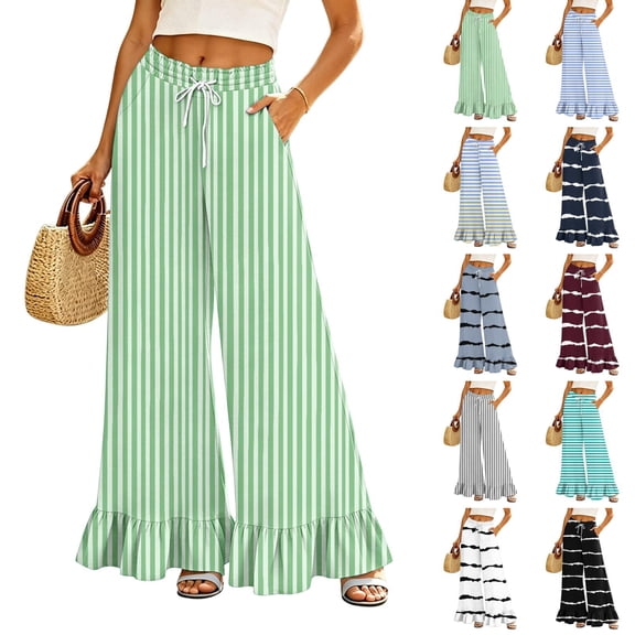 Striped Palazzo Pants for Women Casual Oversized Wide Leg Ruffle Flowy Pants with Pockets Baggy Vacation Summer Pant, L