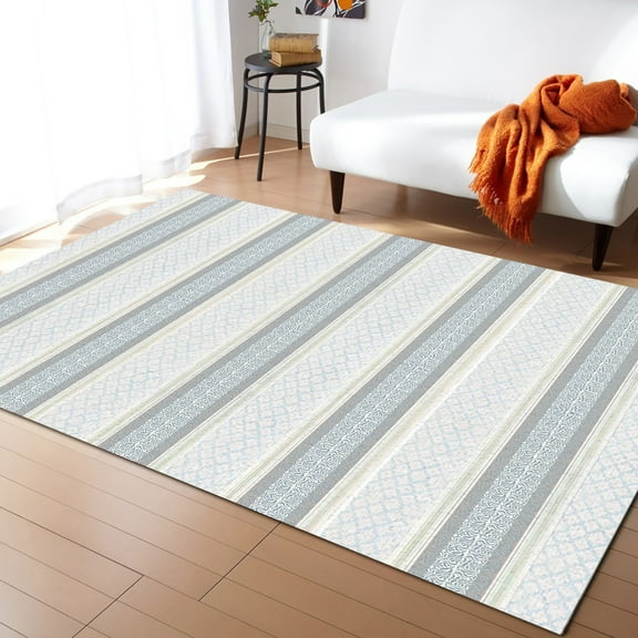 Stripe Area Rug 4'x6' Geometric Gray Ethnic Stripes Washable Area Rugs Non Shedding Floor Carpet Rubber Backing Non-Slip Indoor Mats for Living Room Bedroom Kitchen