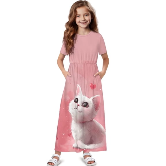 Uourmeti Girls Summer Maxi Dresses Crew Neck Short Sleeve Casual Flowy Tiered Long Dress with Pockets (Cute Kitty Pink), Size 9-10 Years