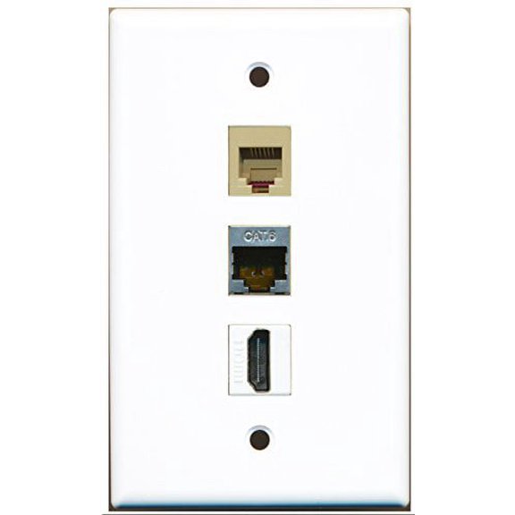 RiteAV - 1 Port HDMI and 1 Port Phone RJ11 RJ12 Beige and 1 Port Shielded Cat6 Ethernet Wall Plate