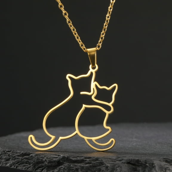 Cute Hugging Cats Kitten Necklace for Women 14K Yellow Gold Animal Dog Pet Pendant Necklaces Jewelry Gift Trend