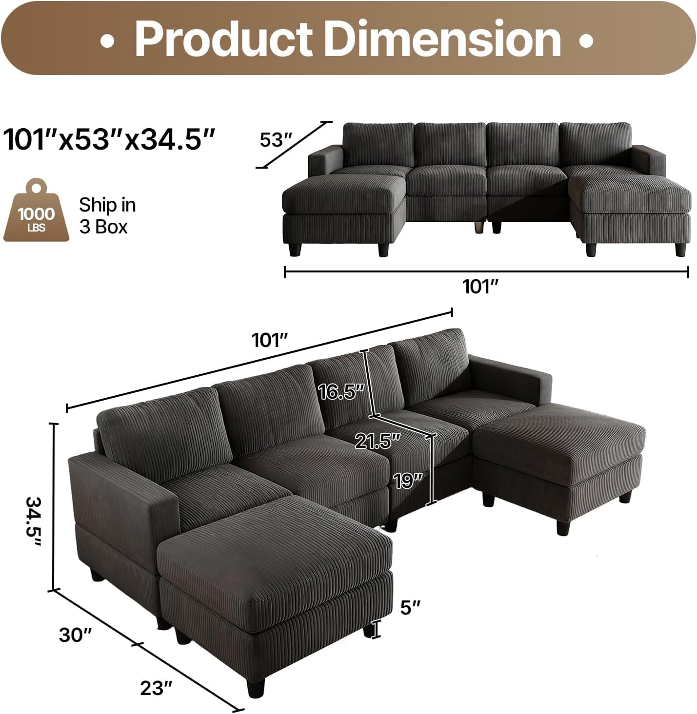 AENKYO U-Shaped Sectional Sofa Couch with 2 Ottomans, Convertible 4-Seat Living Room Furniture with Removable Cushions, Gray