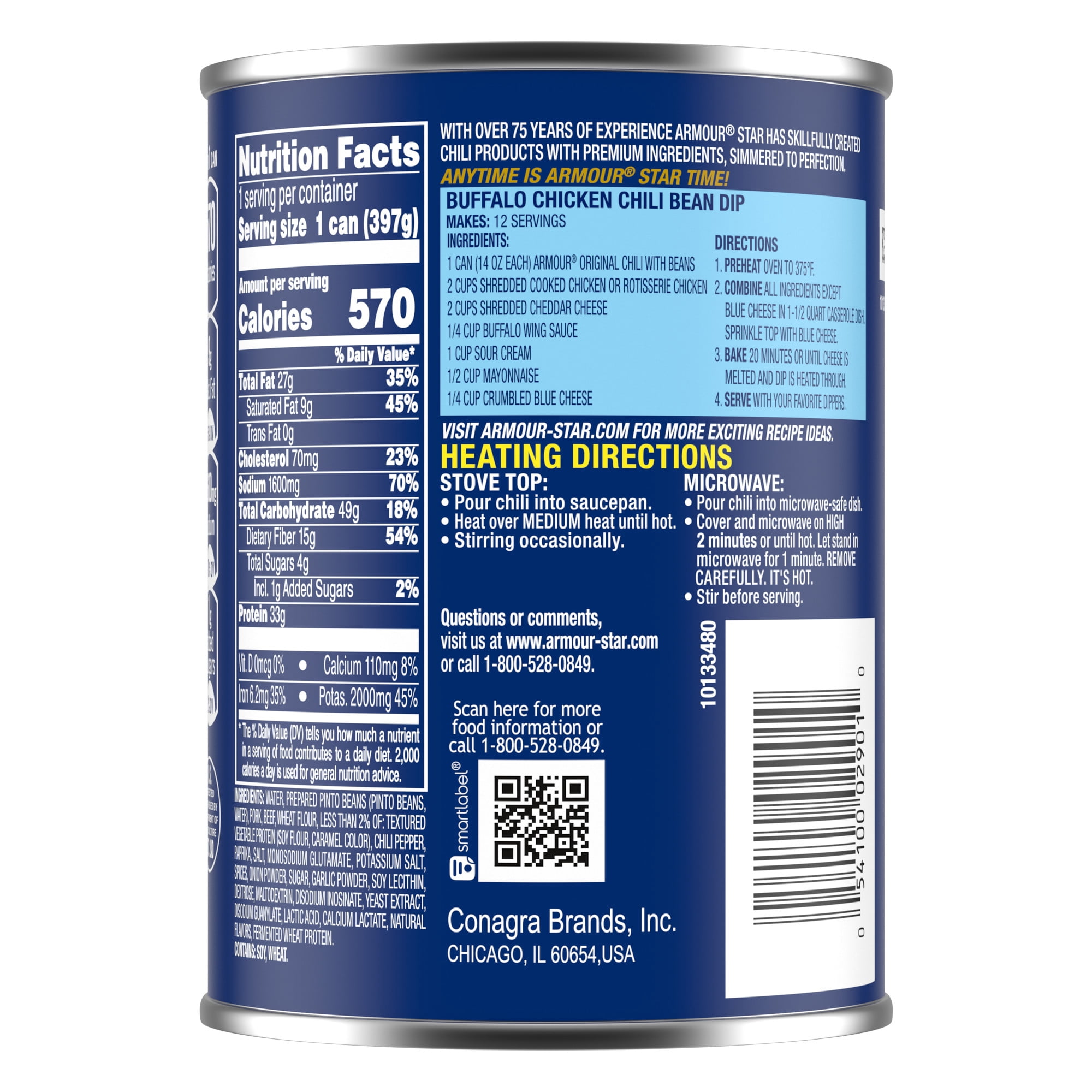 (2 pack) Armour Star Chili with Beans, 22g Protein Per Serving, Canned Food, 14 oz Can