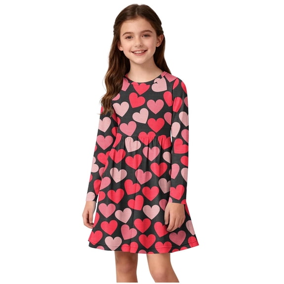 OGLCCG Girls Long Sleeve Dress Casual Crewneck A Line Ruffle Twirly Skater Dresses Cute Hearts Printed Summer Princess Dress 4-14 Years