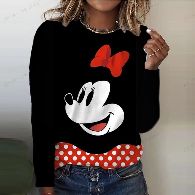 Disney Mickey Mouse Print Women's Long Sleeve Round Neck T-shirt Cartoon Four Seasons Top Women's T-shirt Y2k Graphic T-shirtS Gao Jinjia LED