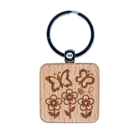 Flowers and Butterflies with Bee Square Keychain Charm Tag - Engraved Wood
