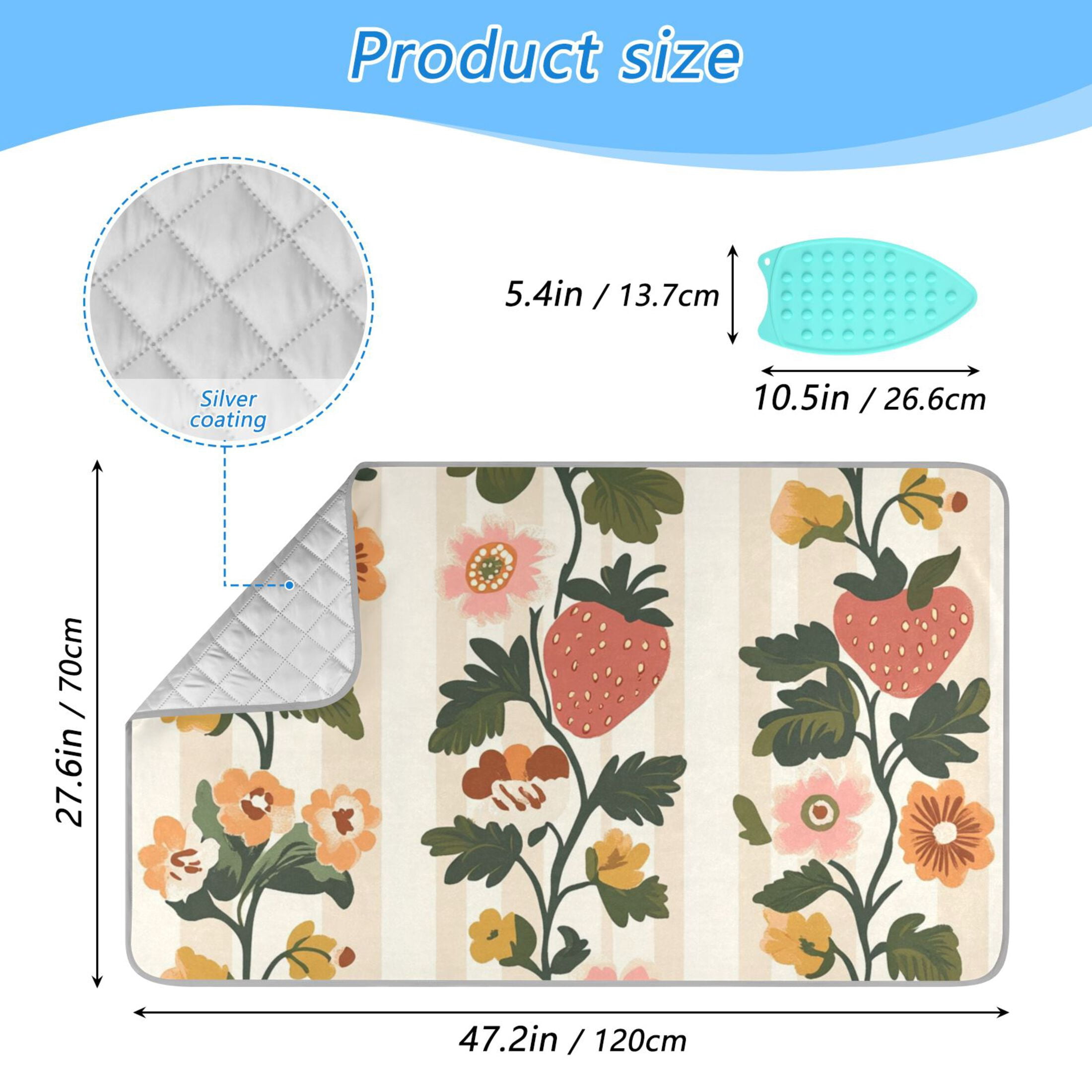 Vintage Vertical Stripes Strawberries Florals Leaves Ironing Mat Blanket Portable Travel Ironing Pad Heat Resistant Pad 47.2" x 27.6”