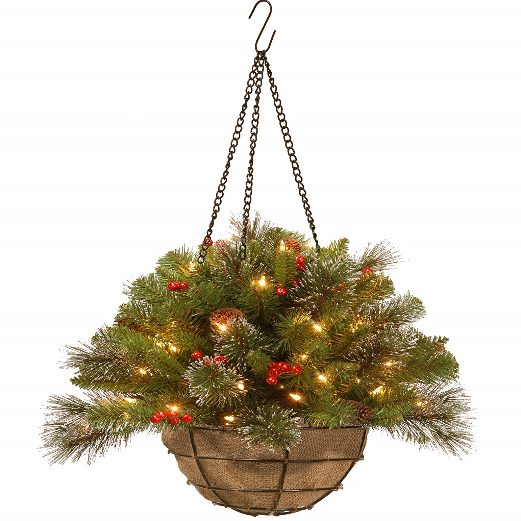 20 Pre Lit Artificial Pine Christmas Hanging Basket With Berries Warm White Led Lights Bo Walmart Com