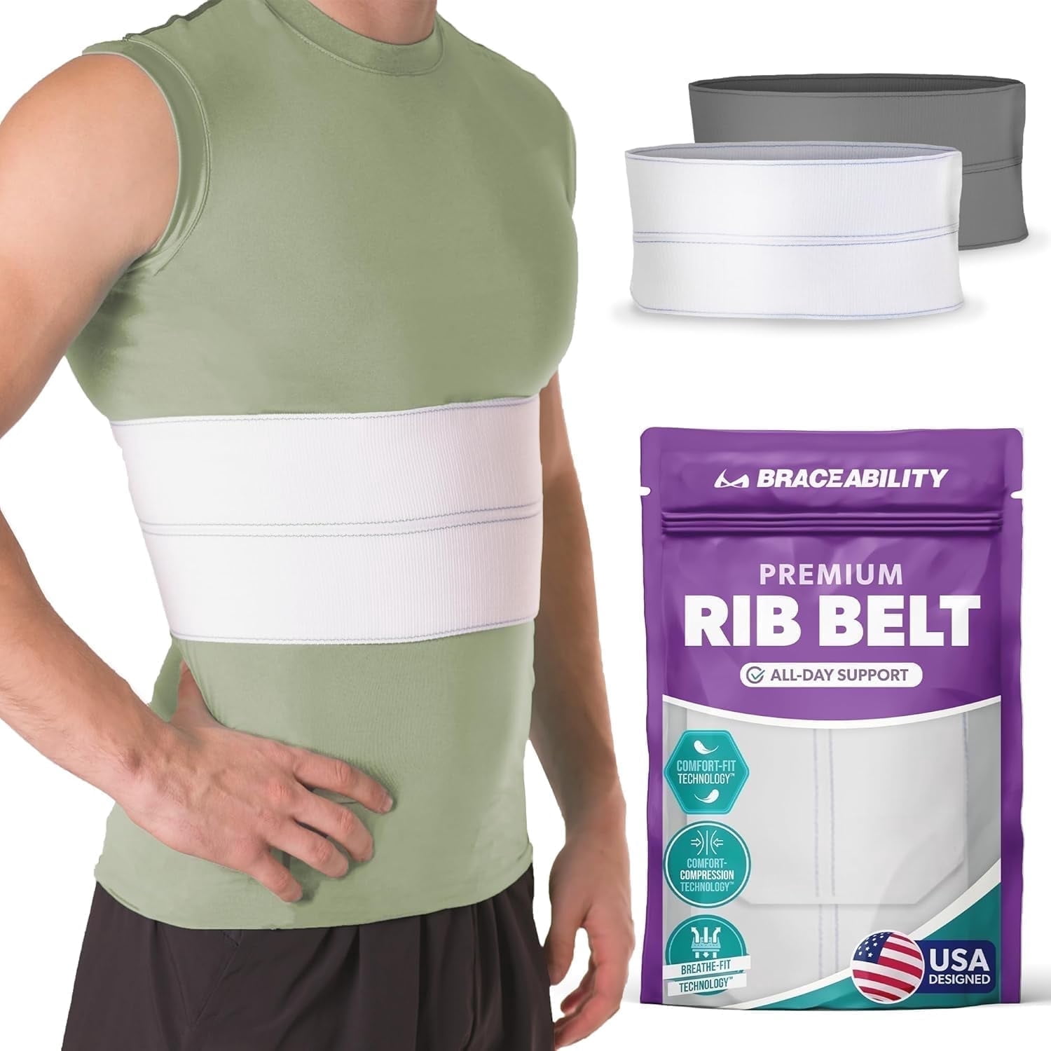 BraceAbility Adjustable Compression Rib Support Wrap, White, Universal Male