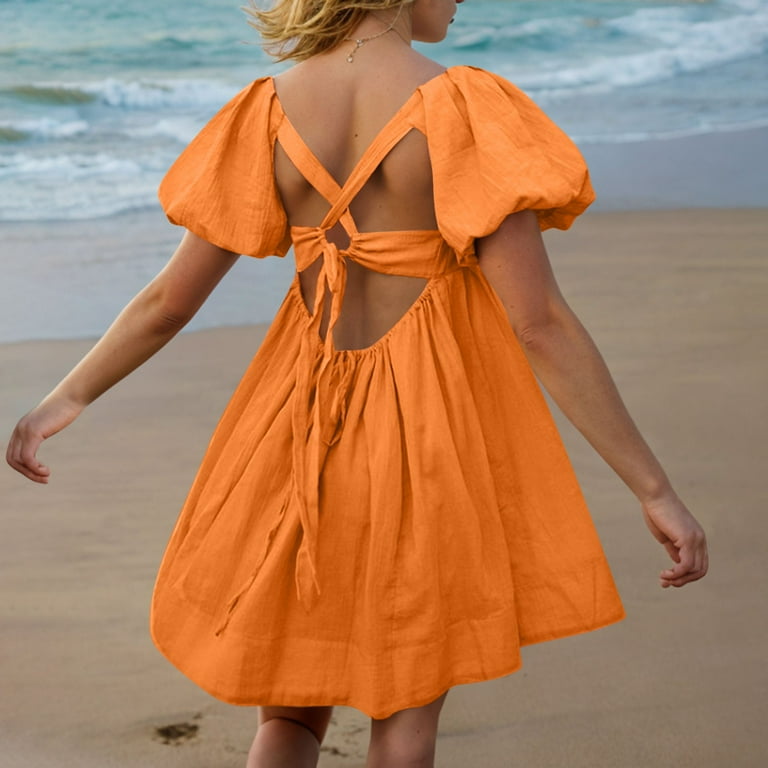 Miluxas Women Puff Sleeve Mini Dress , Square Neck Short Dress Tie Back Flowy  Mini Dress Summer Vacation Dress Orange M - Walmart.com
