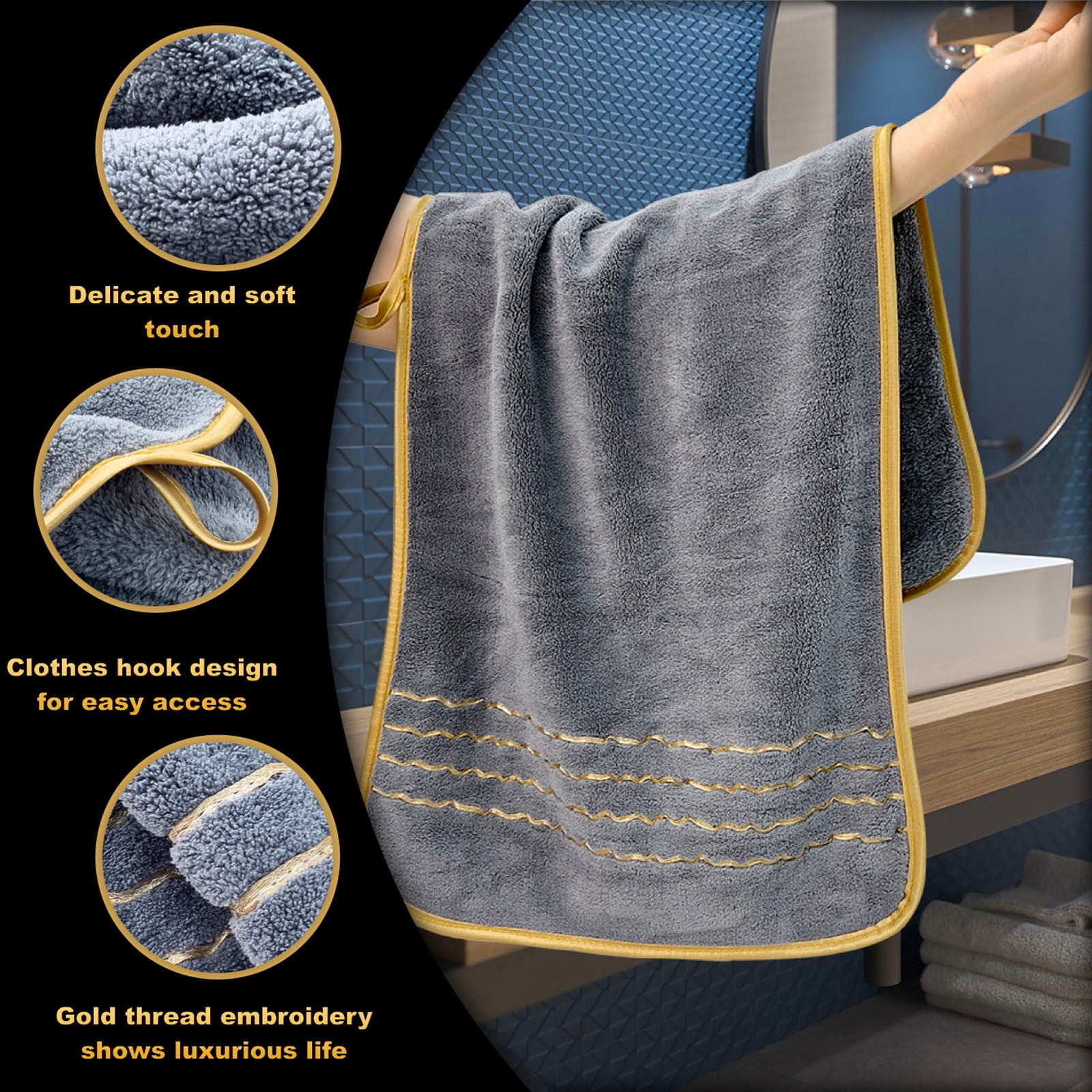 Twfbrm 6 Pack Premium Hand Towels - Ring Spun Cotton Hand Towels Highly Absorbent & Quick Dry Face Towels with gold trim, 300GSM Ultra Soft Microfiber Bath Towels for Beach Gym Hotel and Spa