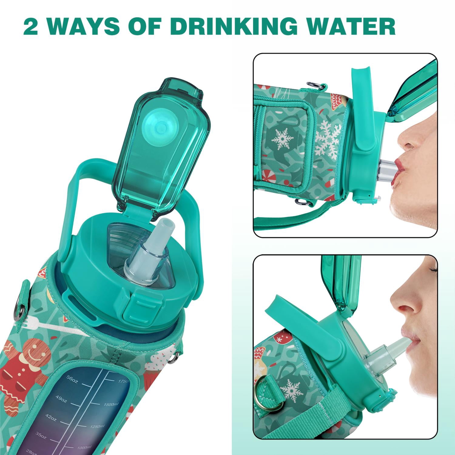Gingerbread Man Xams 64 Oz Half Gallon Water Bottle with Sleeve - BPA Free Leakproof Sport Large Plastic Water Bottle with Straw Strap & Insulated Neoprene Holder Carrier Bag Great Gift for Women Men