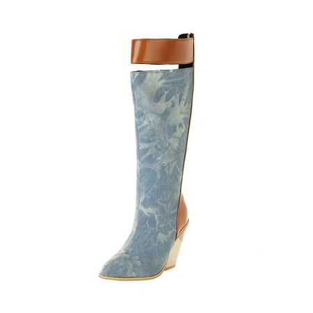 

Yoslce Thigh High Boots Ladies Super High Heel Colorblock Pointed High Boots Blue 43