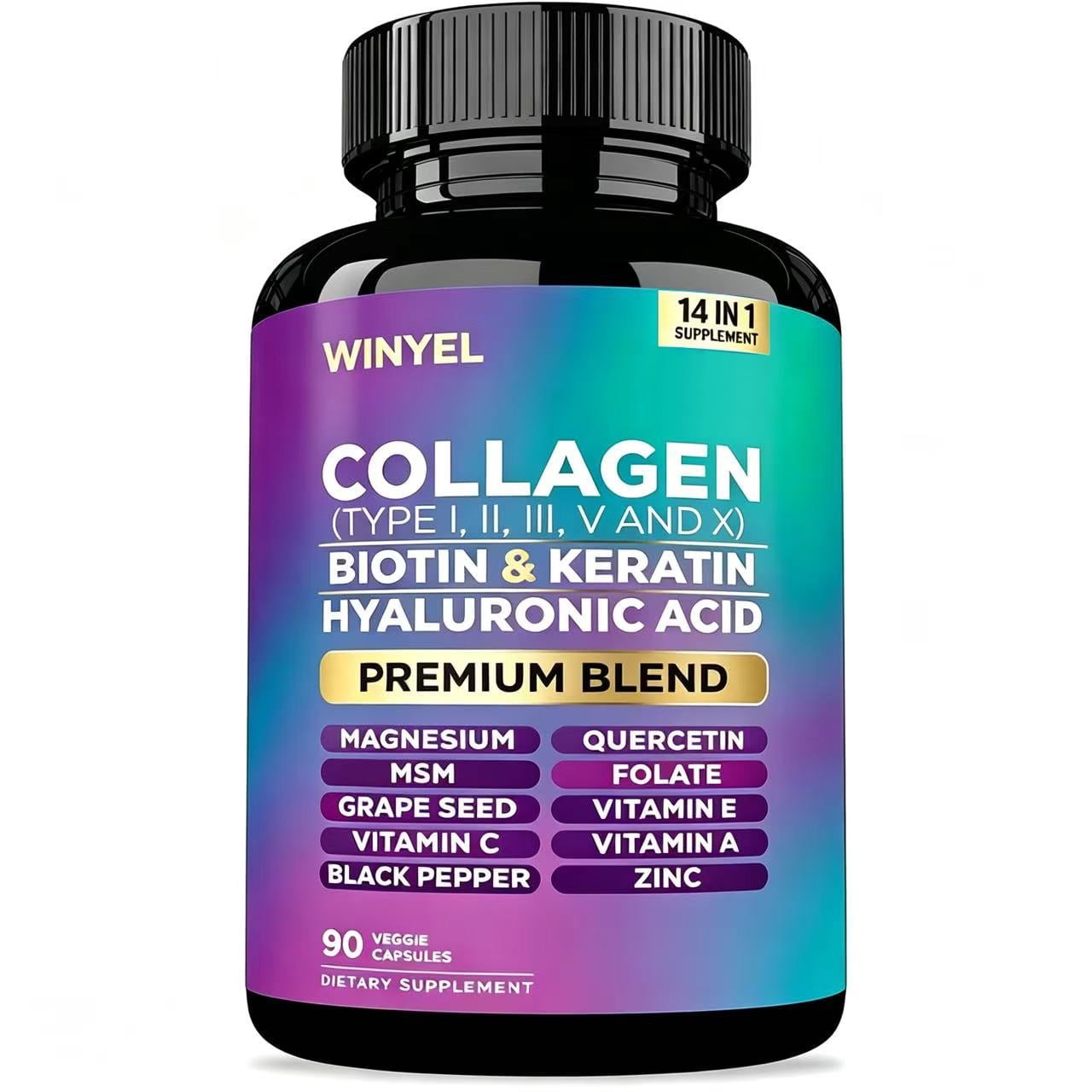 14-in-1 Multi Type I II III V X Collagen Peptide Capsules Biotin Keratin HA Vitamin C Zinc MSM, Vegan Daily Multi Nutrient Blend for Full Body Radiant Wellness, 90 Count