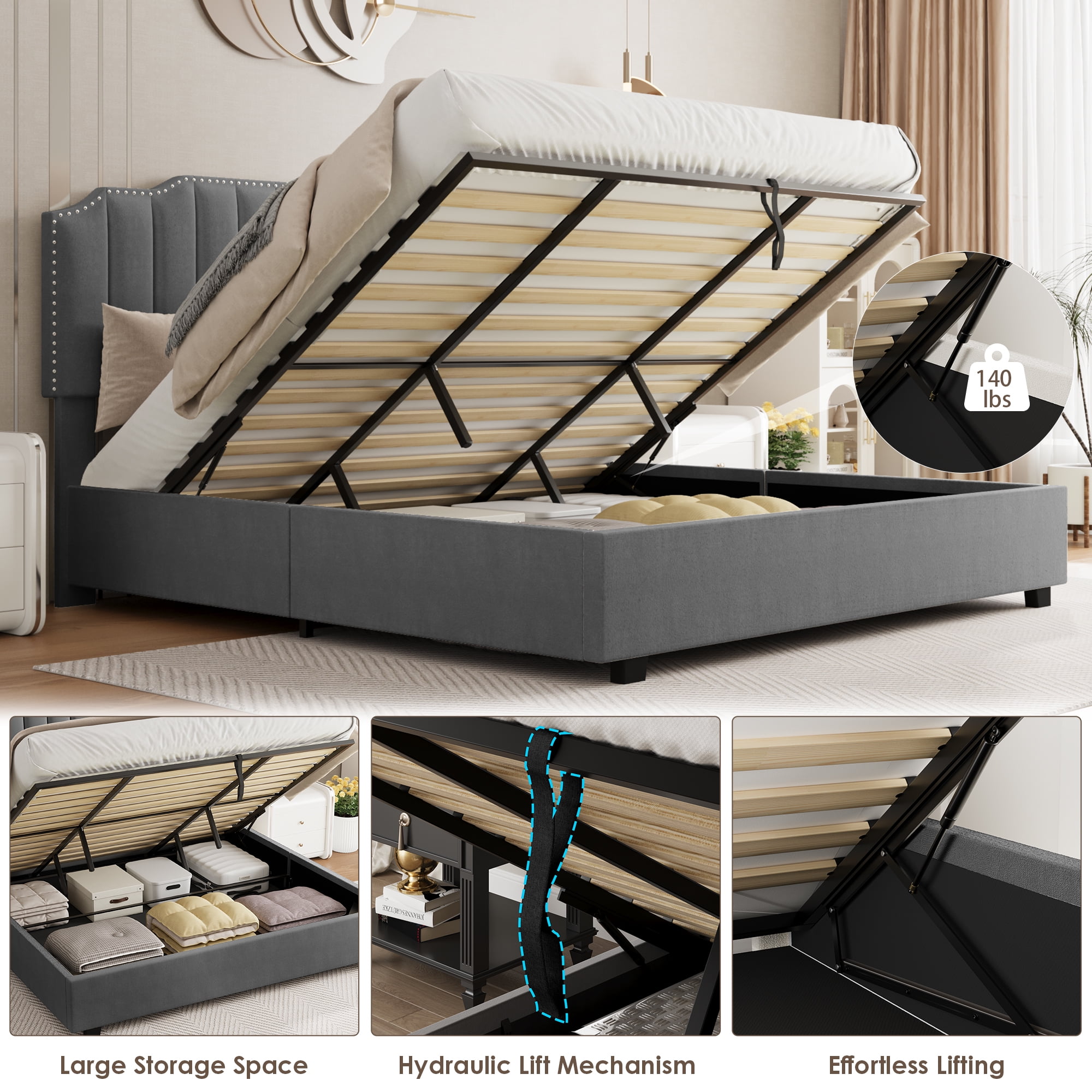 Miniyam Full Size Contemporary Platform Bed with Lift-Up Storage for Adult, Gray