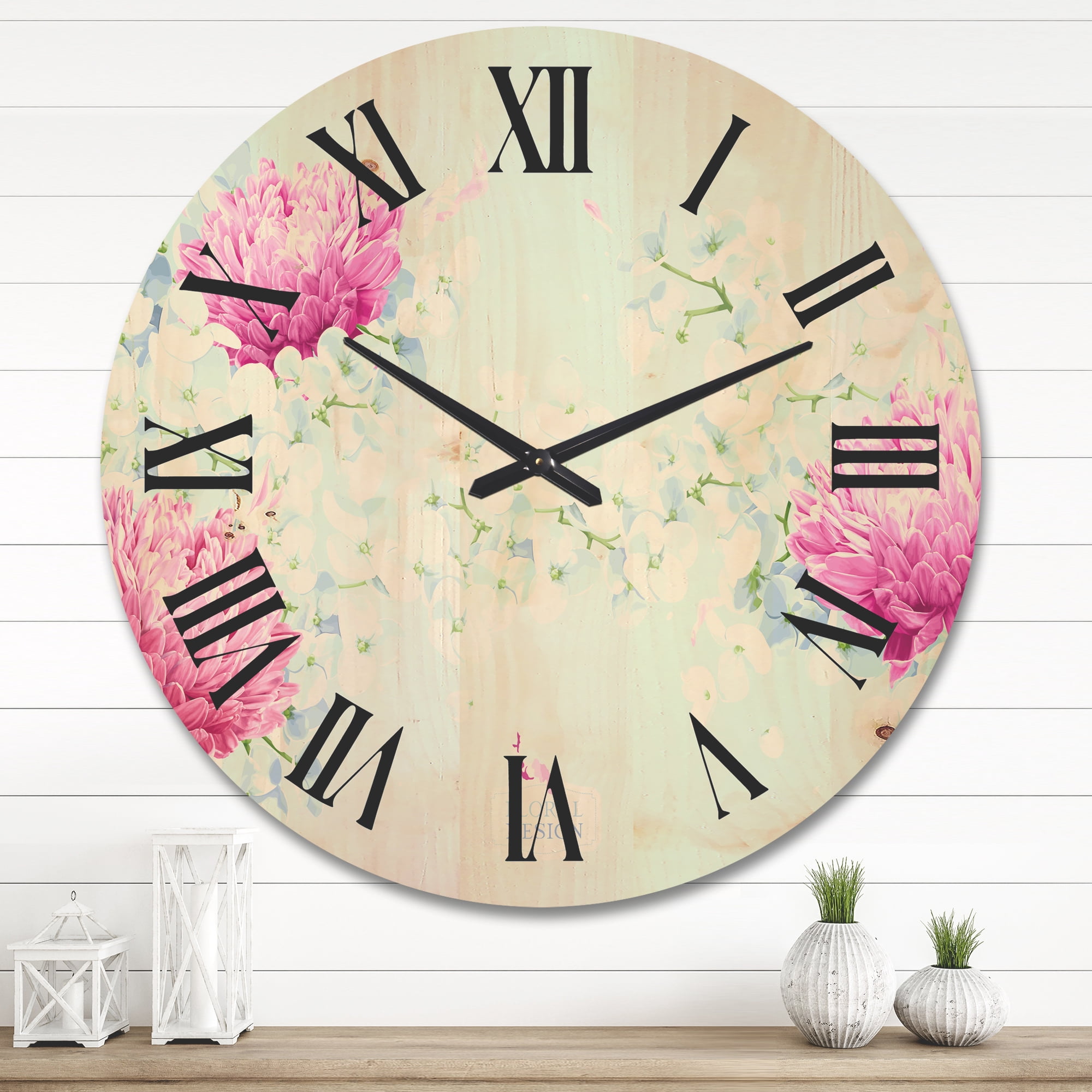 Designart 'Apple Blossom and Chrysanthemums' Traditional Wood Wall Clock