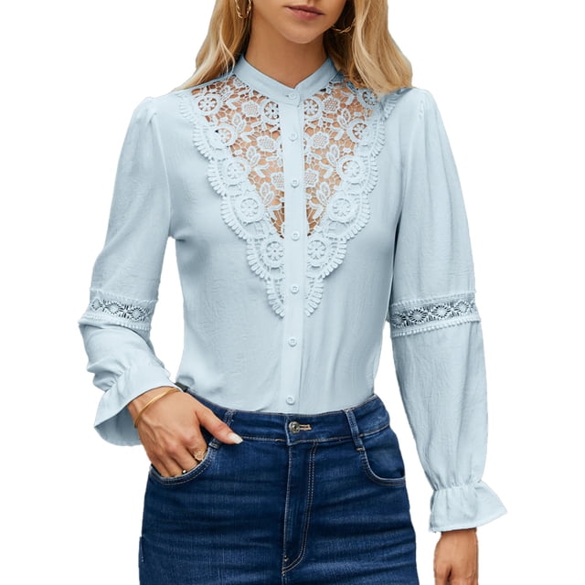 Blusa de manga larga con encaje y detalle calado, camisa de un solo pecho en color puro en azul claro, talla S, dije de volante retro