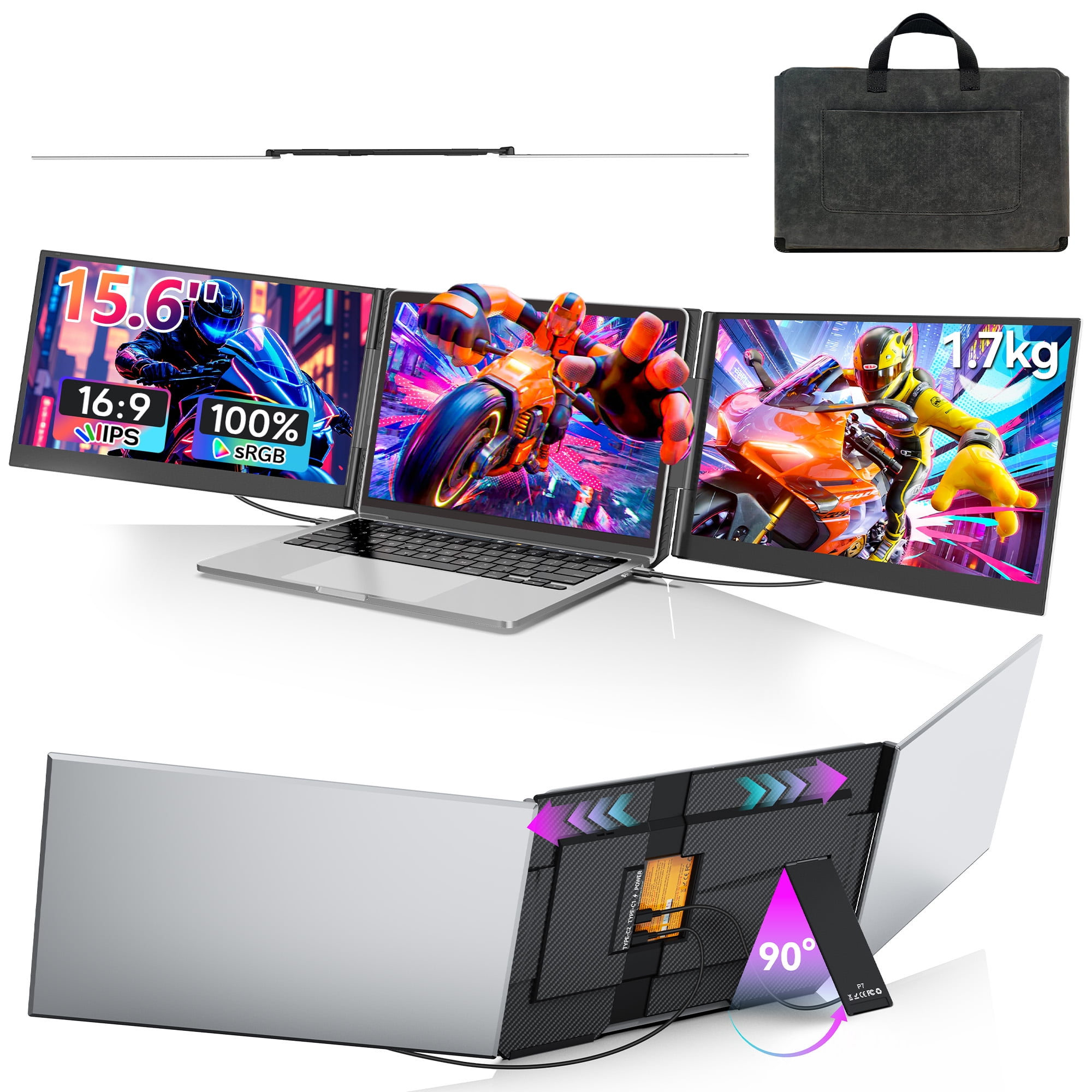 Laptop Screen Extender 15.6", FHD 1080P Portable Triple Monitor for Laptops 13-17.3", 180° Rotatable, Type-C/HDMI Plug & Play, 280nits, Compatible with Win/Mac/Android for Office/Gaming
