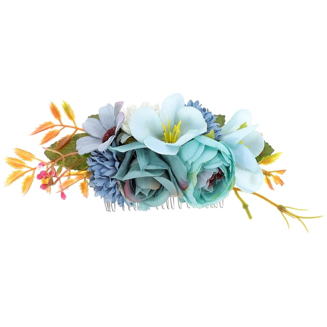 Miangastore Floral Hair Comb Blue Cloth Metal 1Pack 7.1x3.9in